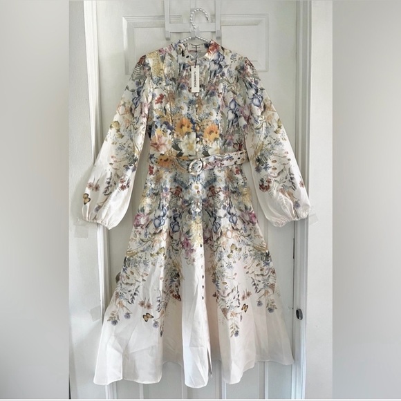 NEW Commense Belted Balloon Long Sleeve Floral Butterfly Dress Midi, XS - Picture 7 of 16